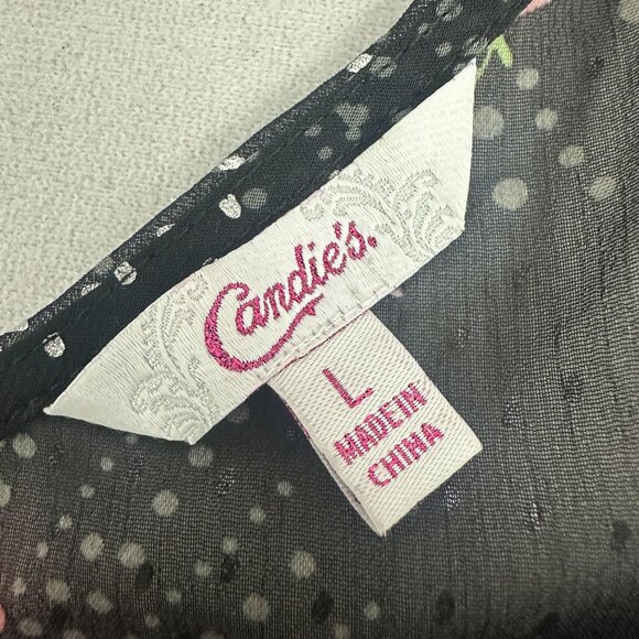 Candies Womens Large Flutter Sleeve Sheer Floral Blouse Black Pink Tie Back - Picture 5 of 7